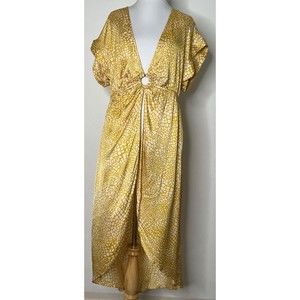 Anthropologie Large Coverup Midi Dress Gold Kaftan Short Sleeve Kimono Full Slit